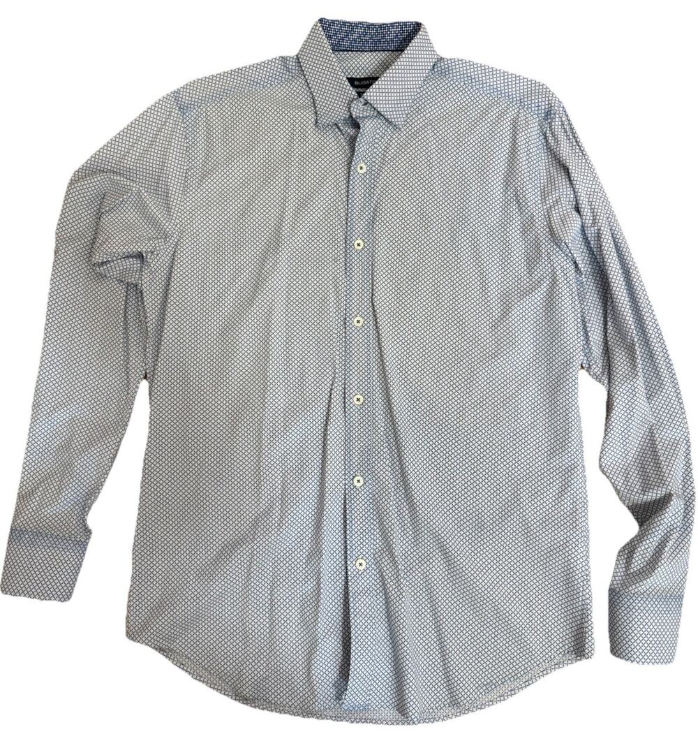 BUGATCHI Men’s Shaped Fit Button Down Blue/White Dress Shirt Size Medium